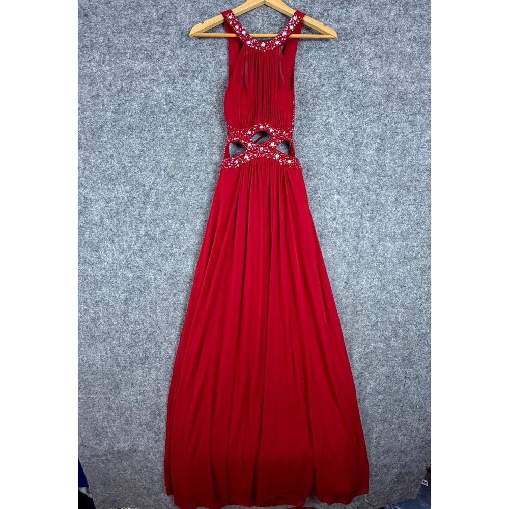 Morgan & Co Y2K Prom Gown Dress Womens 3/4 Red Beaded Halter Cut Out Rhinestones